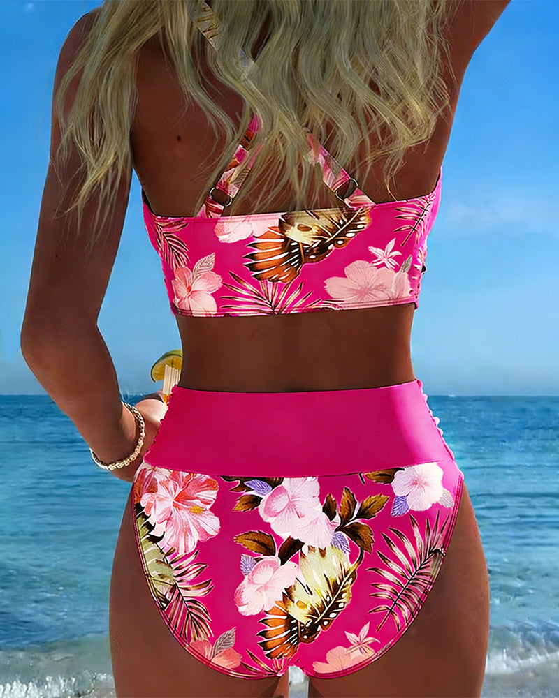 Bikini à Motif Floral Contrasté et Fente