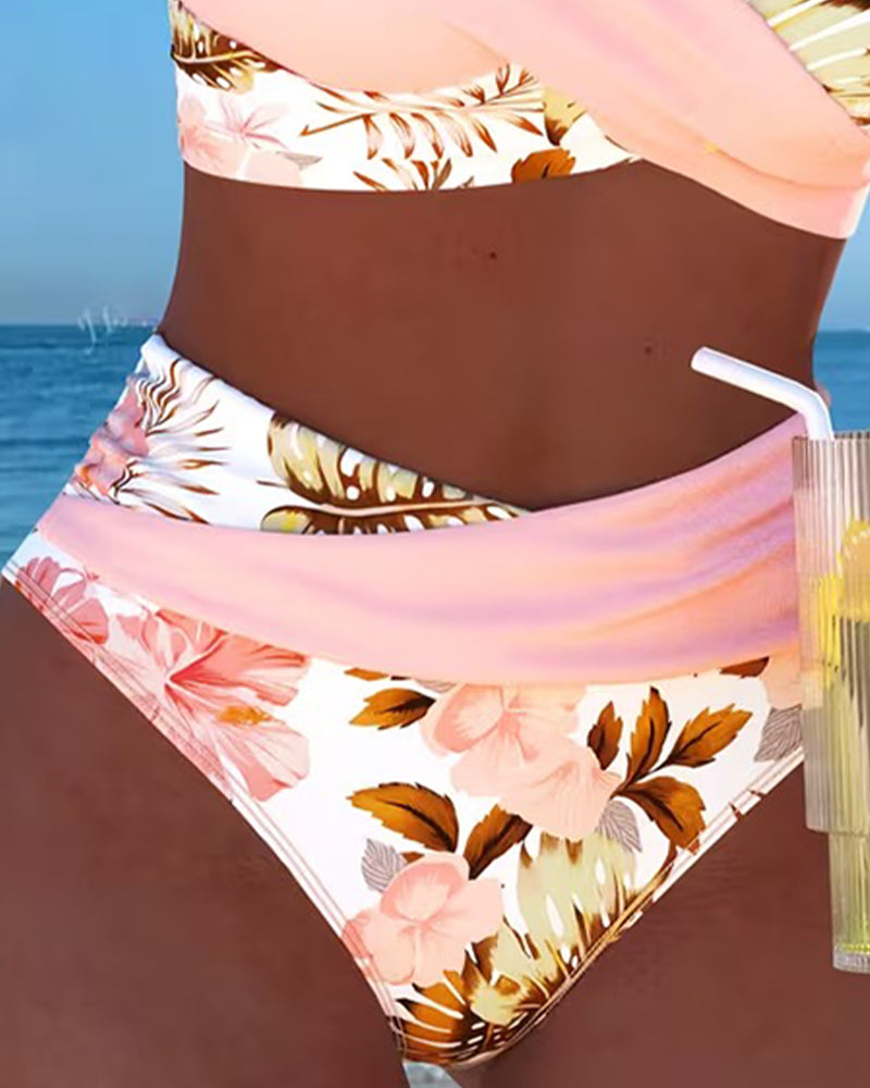 Bikini à Motif Floral Contrasté et Fente