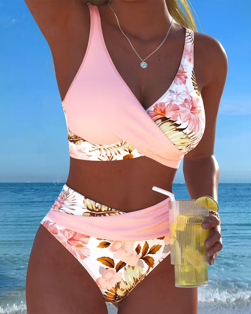 Bikini à Motif Floral Contrasté et Fente